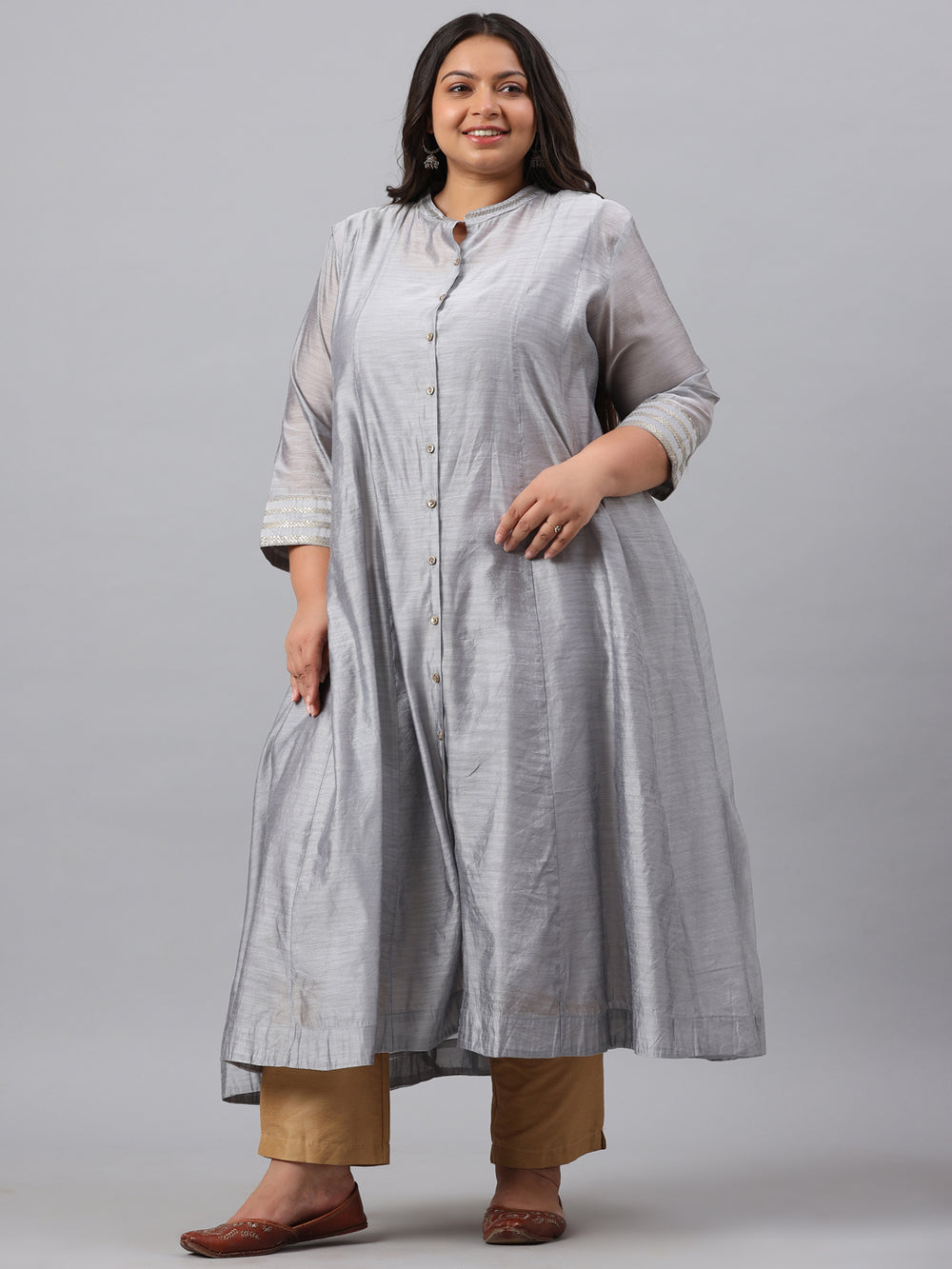 Juniper Women`s Grey Chanderi Silk Solid Anarkali Kurta with Inner | Grocsy