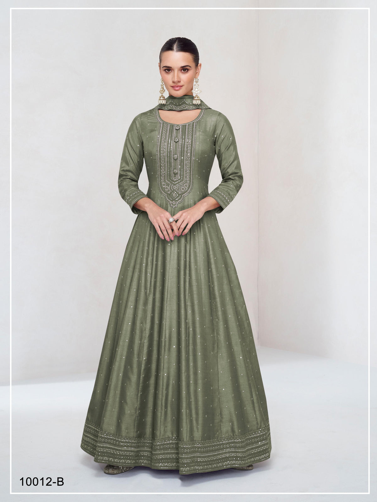 Anaita Light Olive Embroidered Vichitra Silk Stitched Anarkali Suit | Grocsy