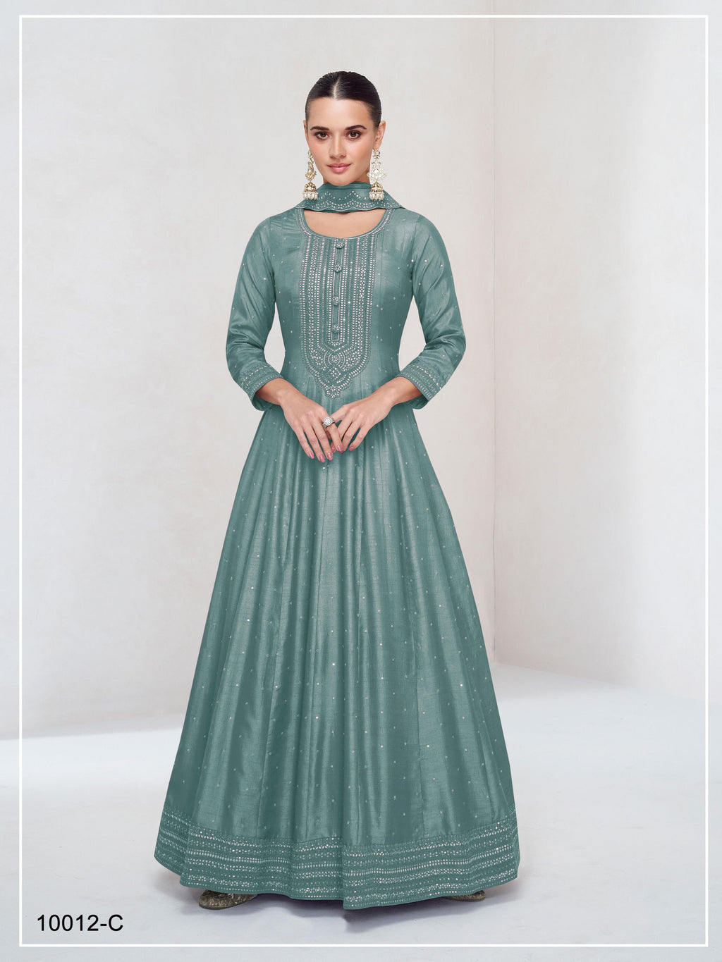 Anaita Teal Green Embroidered Vichitra Silk Stitched Anarkali Suit | Grocsy