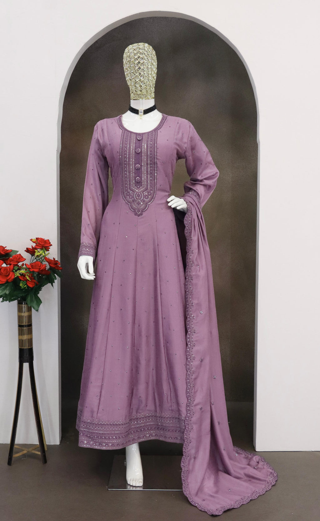 Anaita Lavender Embroidered Vichitra Silk Stitched Anarkali Suit | Grocsy