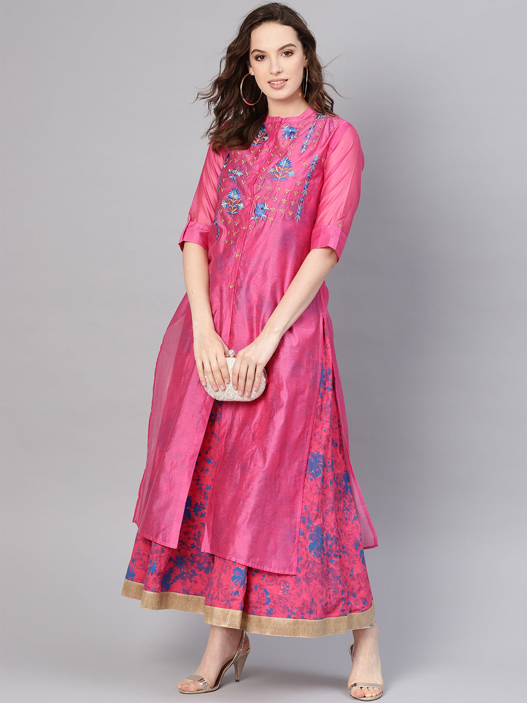 Juniper Women Fuchsia Chanderi Silk Embroidered & Printed Layered Dress | Grocsy
