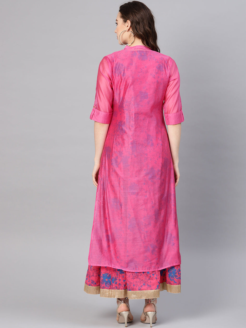 Juniper Women Fuchsia Chanderi Silk Embroidered & Printed Layered Dress | Grocsy