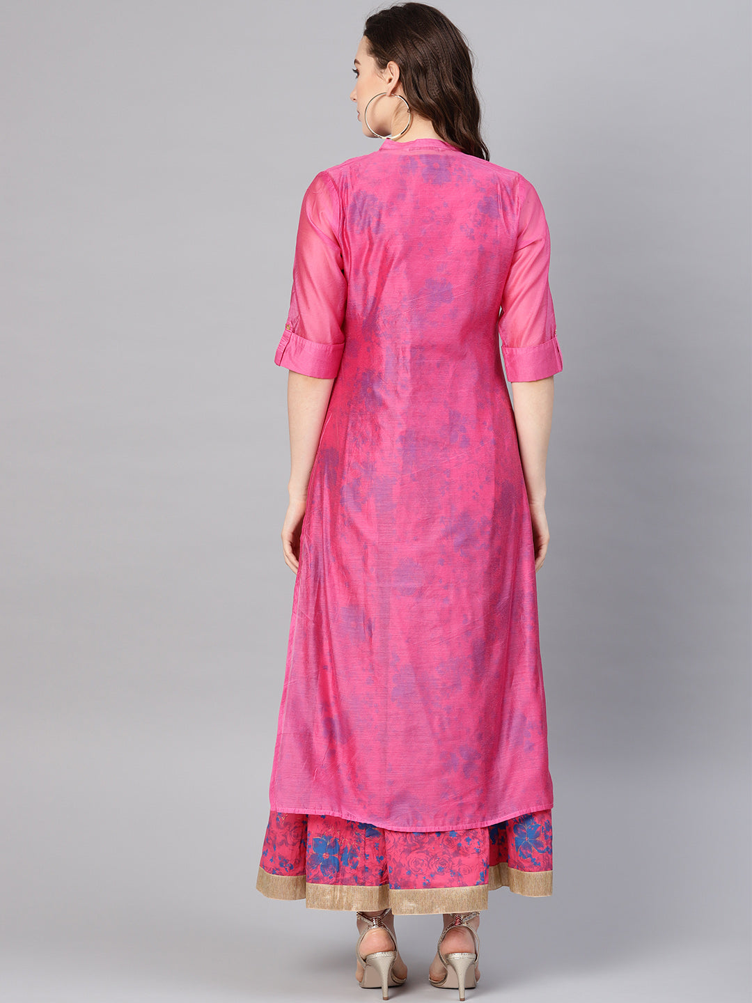 Juniper Women Fuchsia Chanderi Silk Embroidered & Printed Layered Dress | Grocsy
