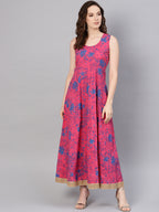 Juniper Women Fuchsia Chanderi Silk Embroidered & Printed Layered Dress | Grocsy
