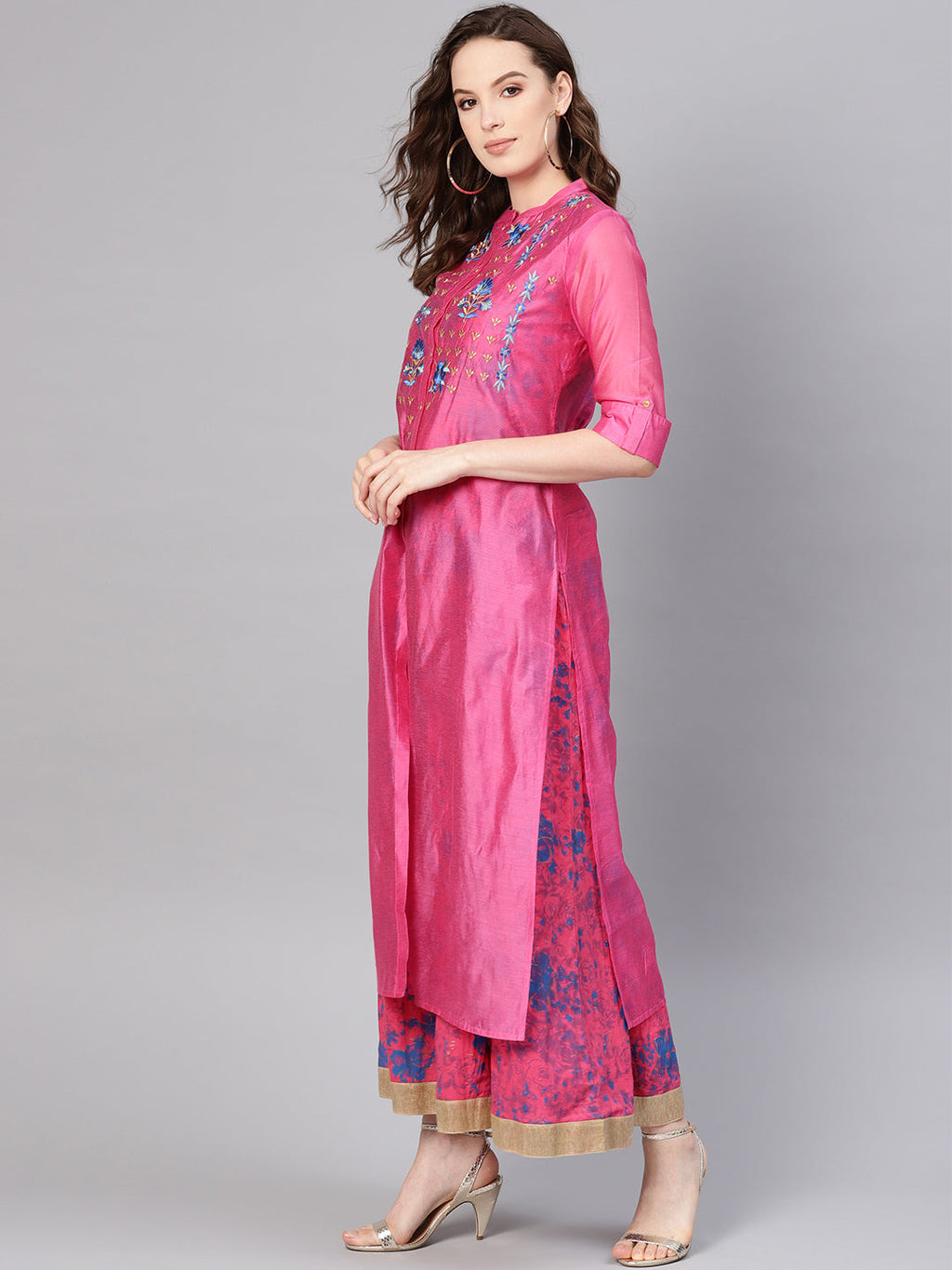 Juniper Women Fuchsia Chanderi Silk Embroidered & Printed Layered Dress | Grocsy