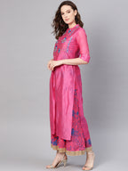 Juniper Women Fuchsia Chanderi Silk Embroidered & Printed Layered Dress | Grocsy