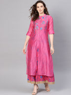 Juniper Women Fuchsia Chanderi Silk Embroidered & Printed Layered Dress | Grocsy