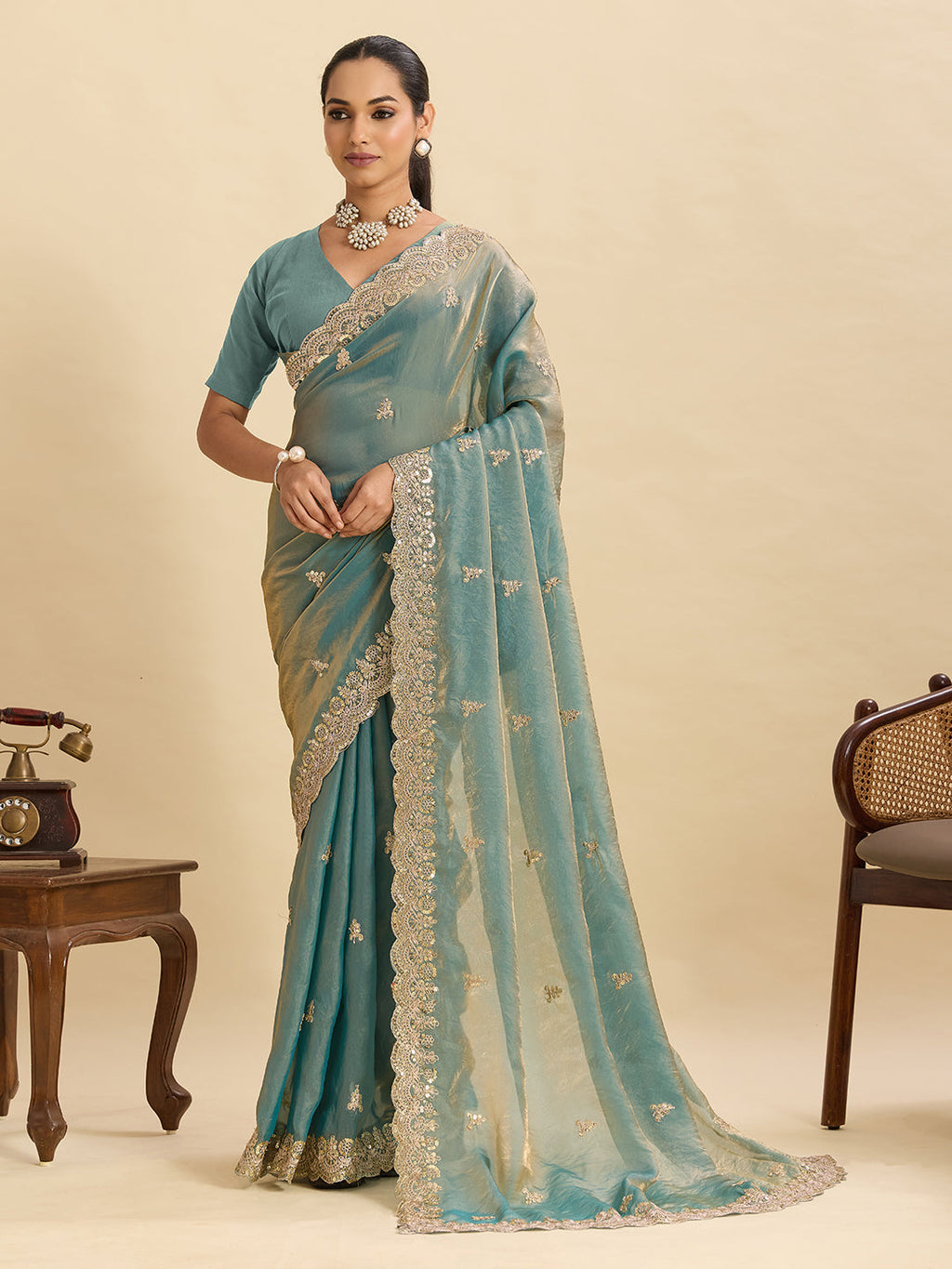 Lorenvalley Fashion Seagreen Fendy Satin with Embroidery Double Sequence Work Saree with Blouse | Grocsy