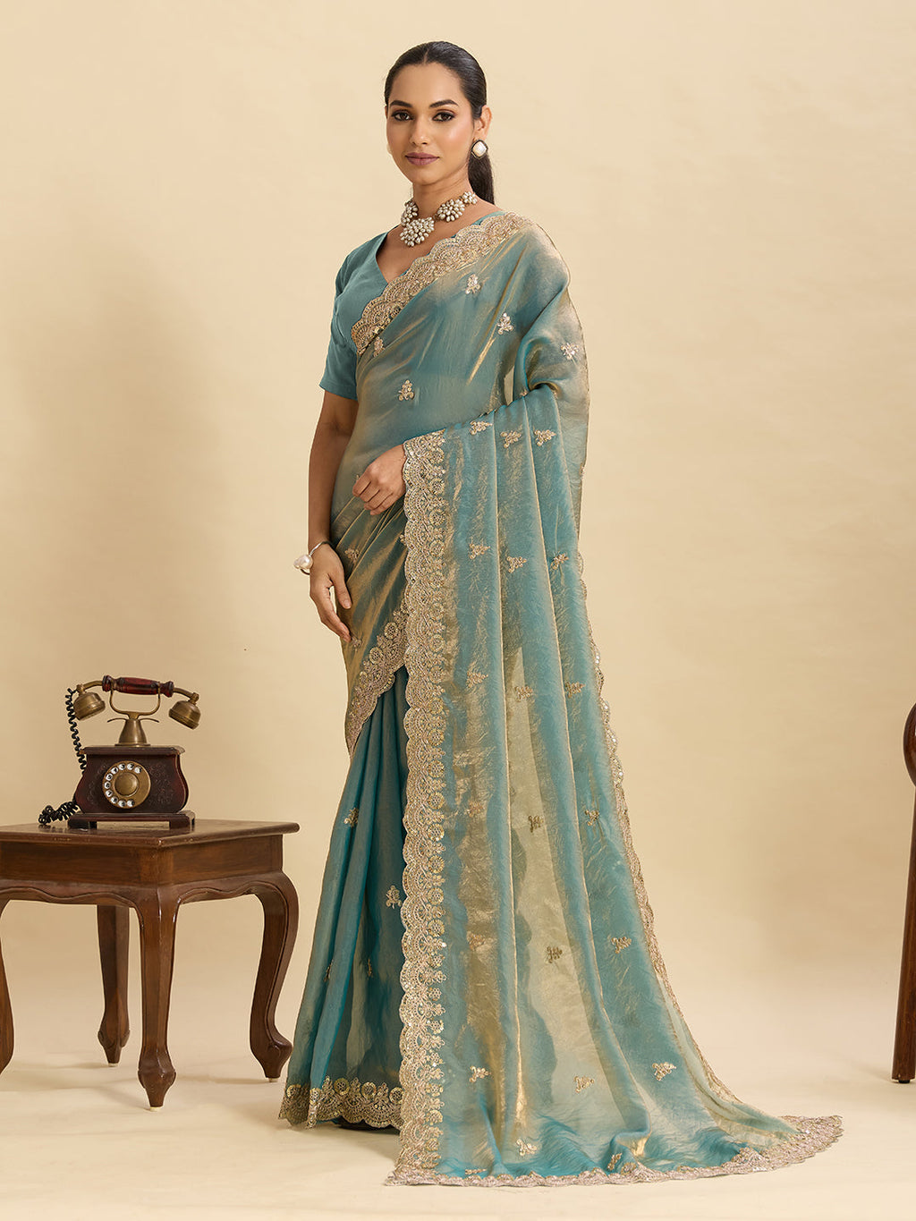 Lorenvalley Fashion Seagreen Fendy Satin with Embroidery Double Sequence Work Saree with Blouse | Grocsy