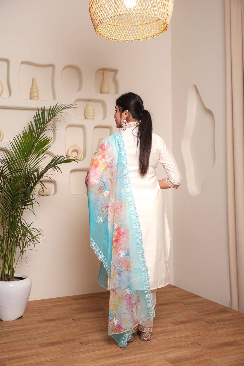 Lorenvalley Offwhite Chanderi Cotton Embroidered Work Kurta Set | Grocsy
