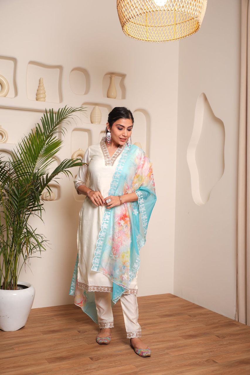 Lorenvalley Offwhite Chanderi Cotton Embroidered Work Kurta Set | Grocsy