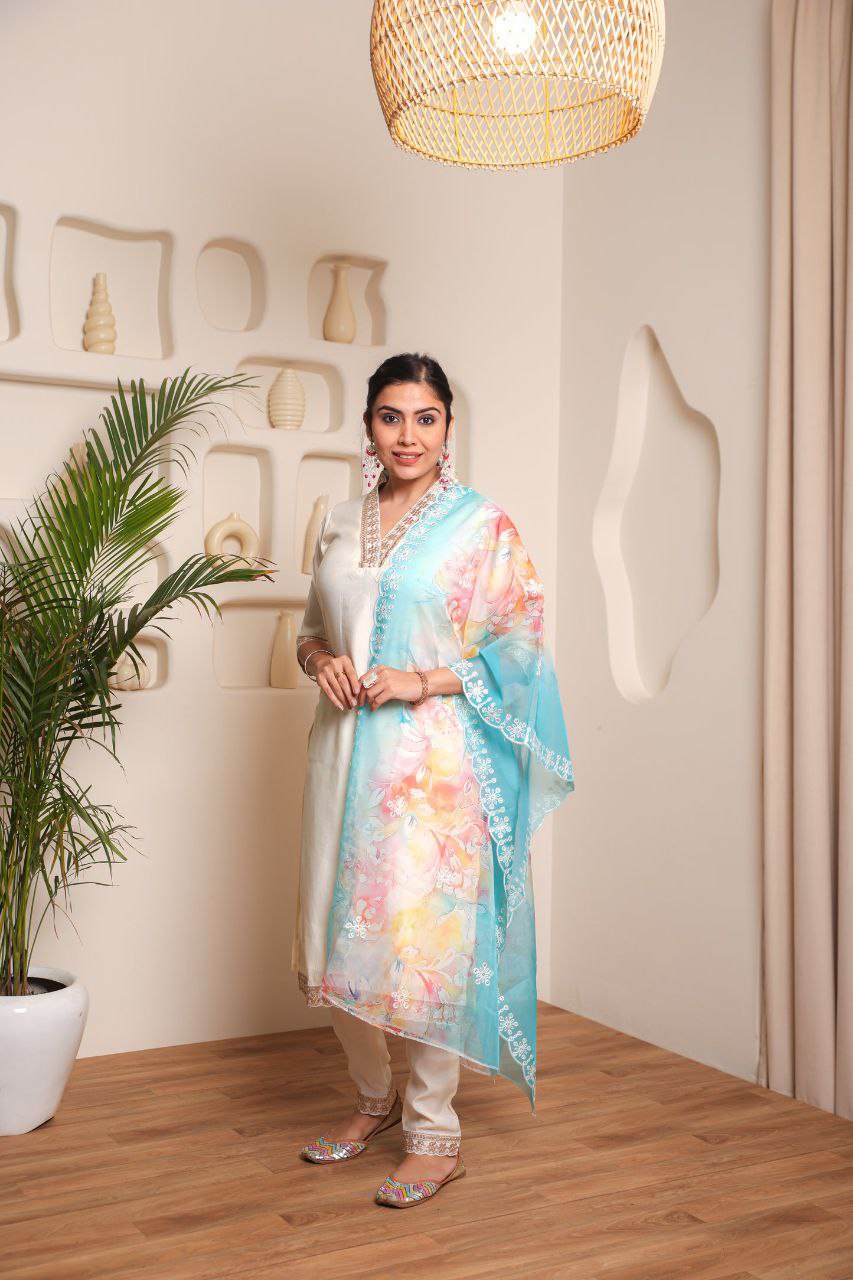 Lorenvalley Offwhite Chanderi Cotton Embroidered Work Kurta Set | Grocsy