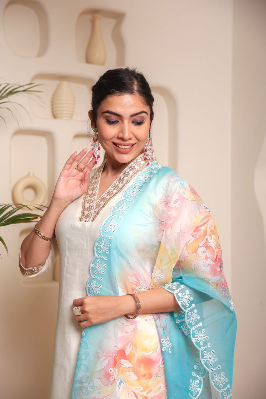 Lorenvalley Offwhite Chanderi Cotton Embroidered Work Kurta Set | Grocsy