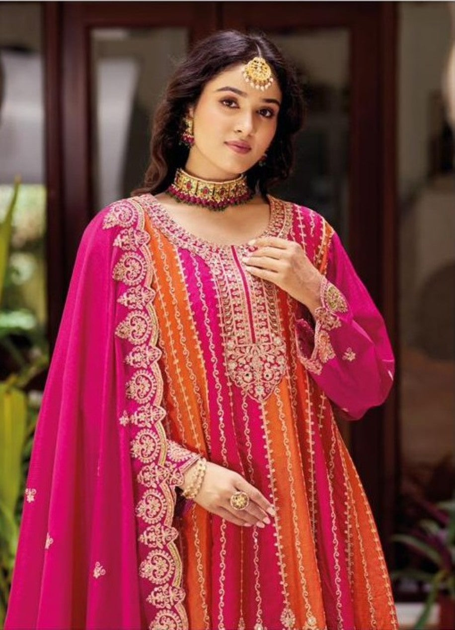 Anaita Pink Chinon Stitched Suit With Embroidery Work | Grocsy