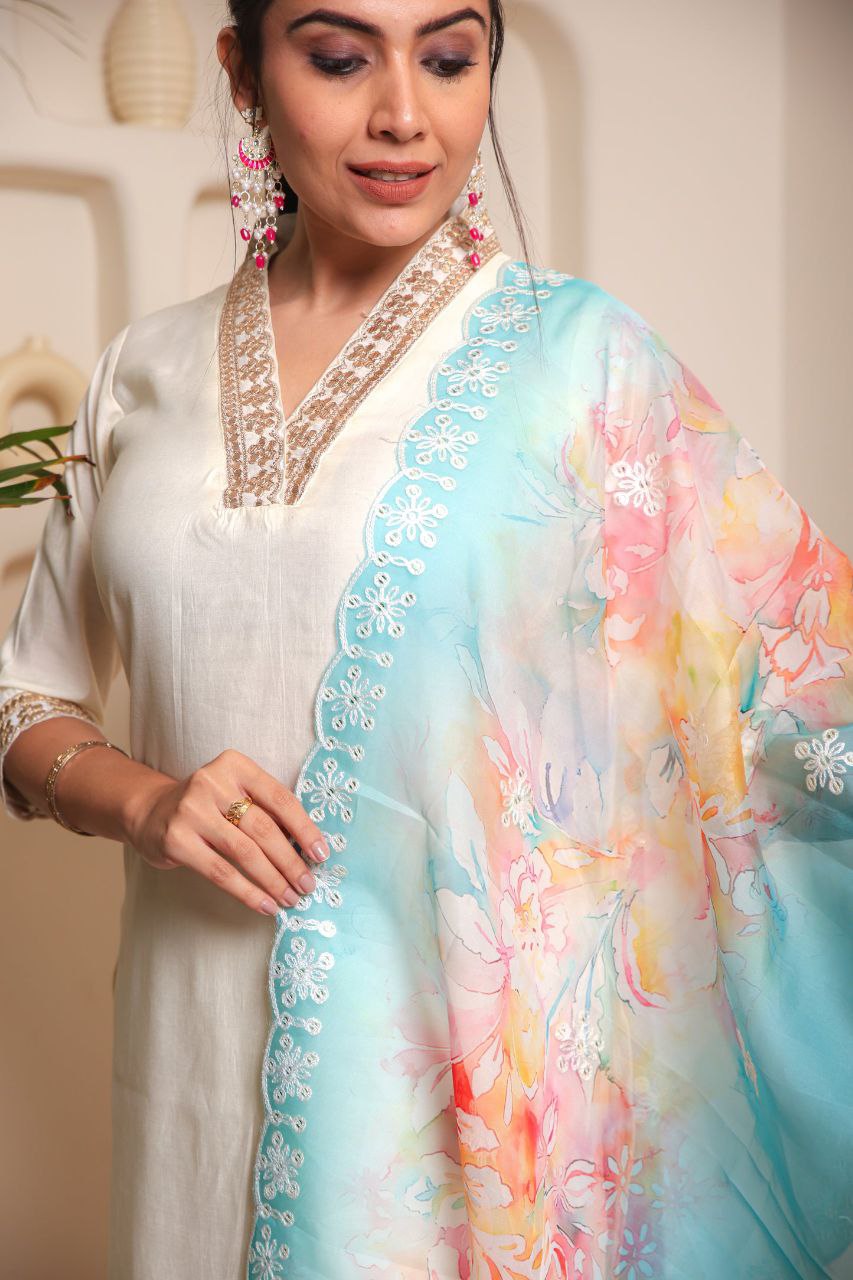 Lorenvalley Offwhite Chanderi Cotton Embroidered Work Kurta Set | Grocsy
