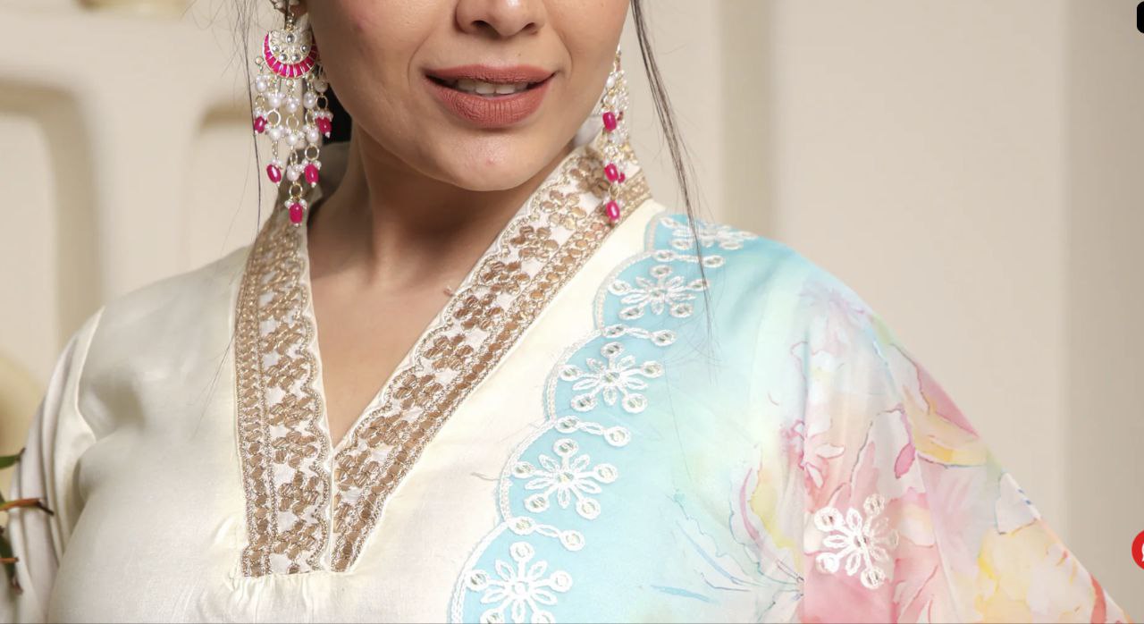 Lorenvalley Offwhite Chanderi Cotton Embroidered Work Kurta Set | Grocsy