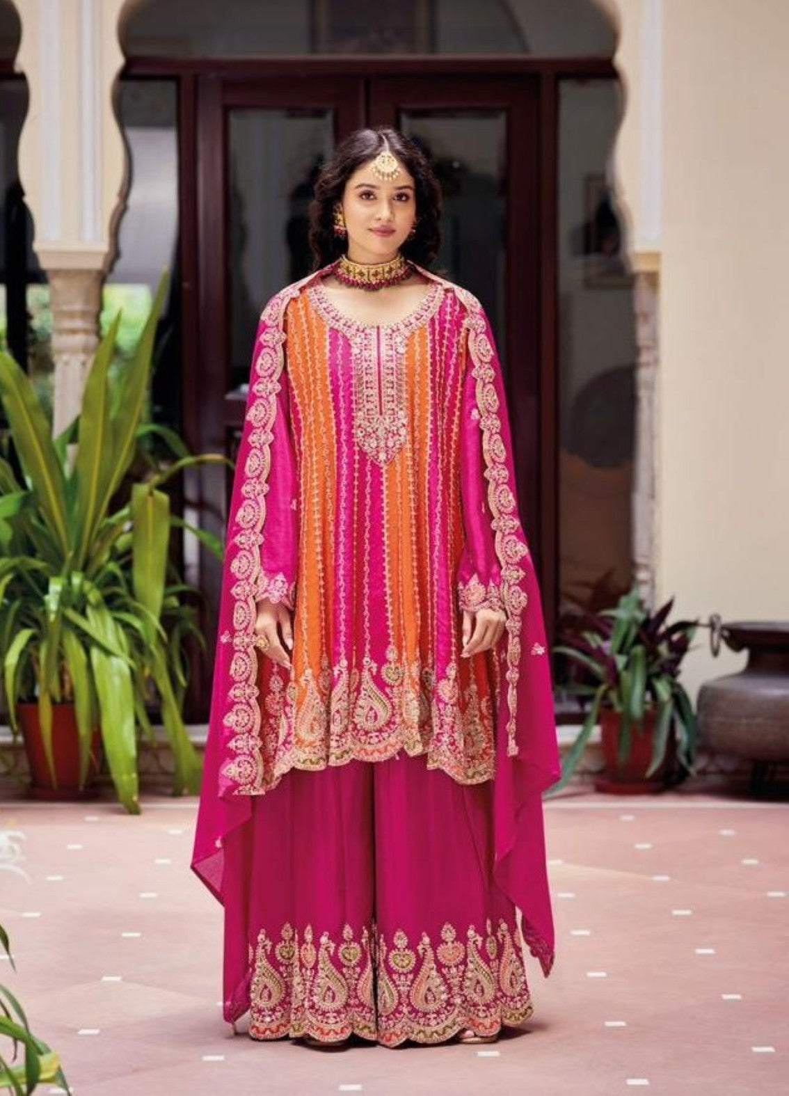 Anaita Pink Chinon Stitched Suit With Embroidery Work | Grocsy