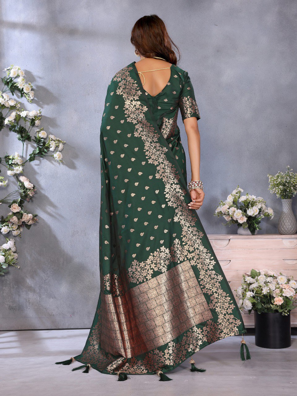 Anaita Dark Green Premium Banarasi Tissue Silk Saree With Gala Weaving Work | Grocsy