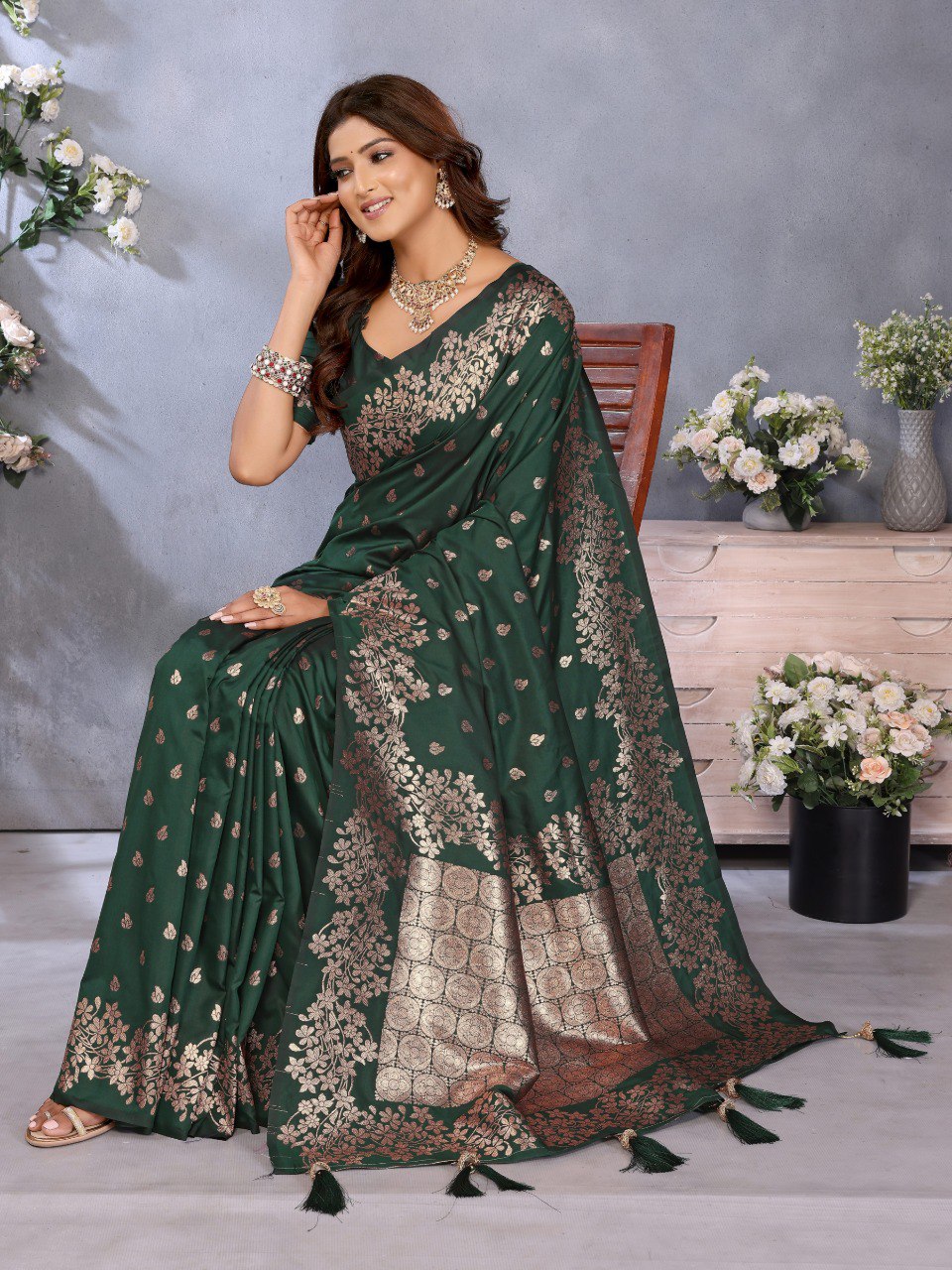 Anaita Dark Green Premium Banarasi Tissue Silk Saree With Gala Weaving Work | Grocsy