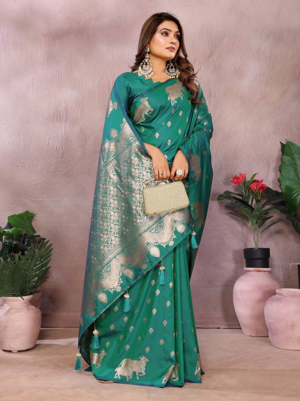 Anaita Green Premium Banarasi Tissue Silk Saree With Gala Weaving Work | Grocsy