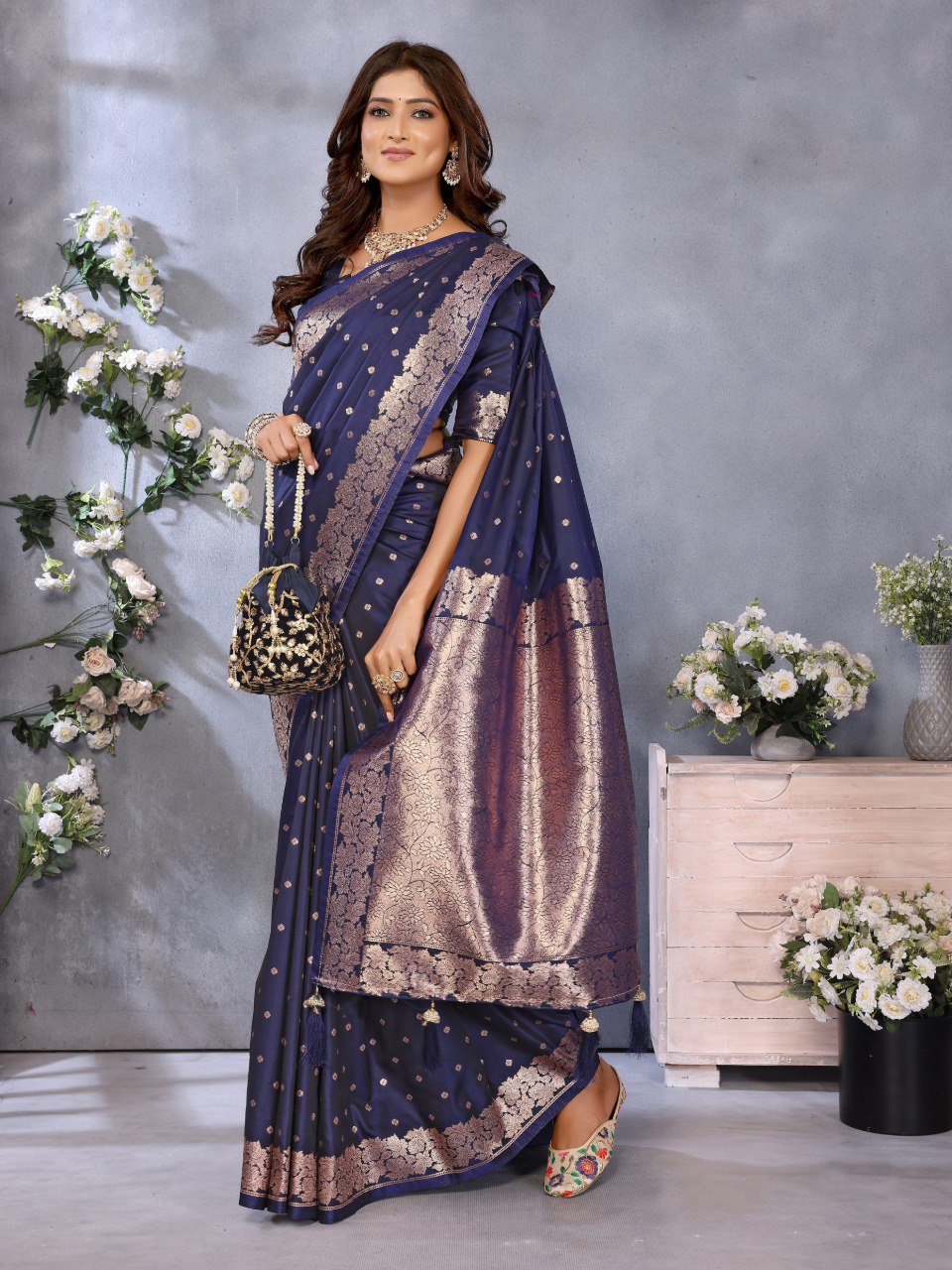 Anaita Dark Navy Blue Premium Banarasi Tissue Silk Saree With Gala Weaving Work | Grocsy