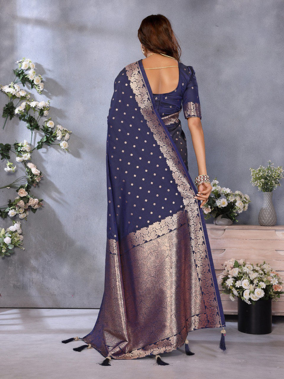 Anaita Dark Navy Blue Premium Banarasi Tissue Silk Saree With Gala Weaving Work | Grocsy