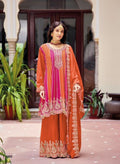 Anaita Orange Chinon Stitched Suit With Embroidery Work | Grocsy