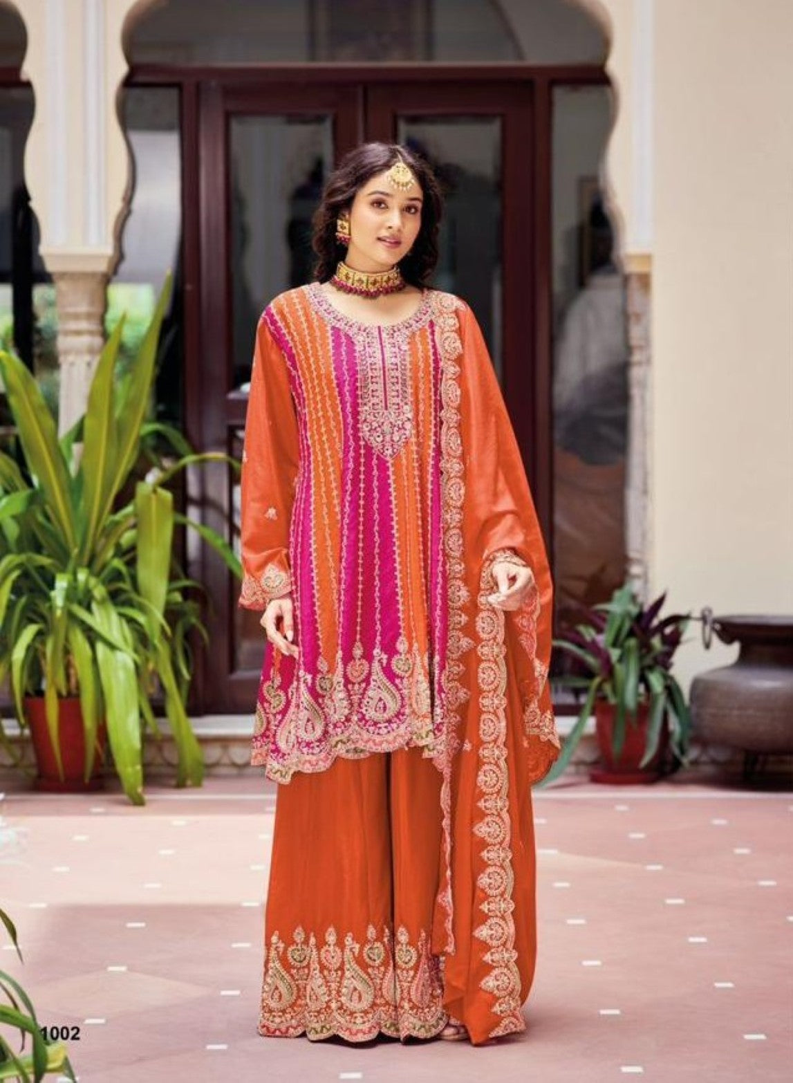 Anaita Orange Chinon Stitched Suit With Embroidery Work | Grocsy