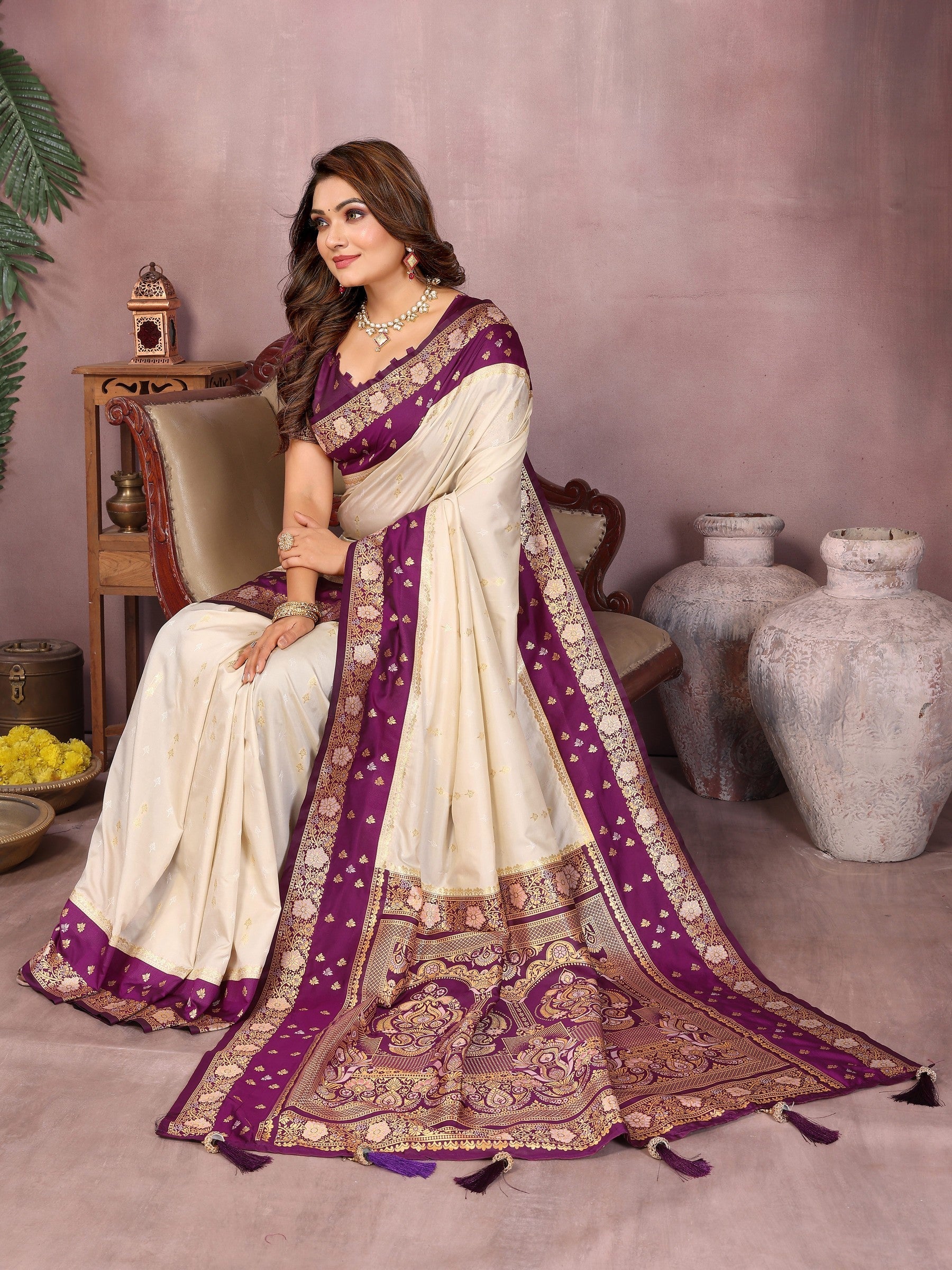 Anaita Beige Handloom Kalamkari Silk Saree With Zari Woven Work | Grocsy