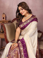 Anaita Beige Handloom Kalamkari Silk Saree With Zari Woven Work | Grocsy