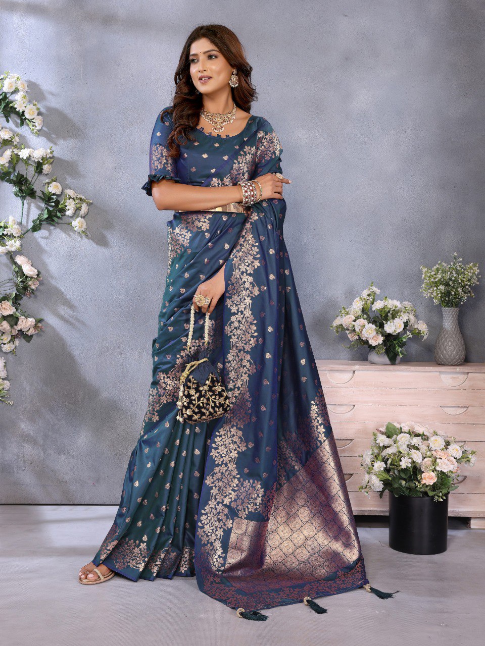 Anaita Dark Navy Blue Premium Banarasi Tissue Silk Saree With Gala Weaving Work | Grocsy