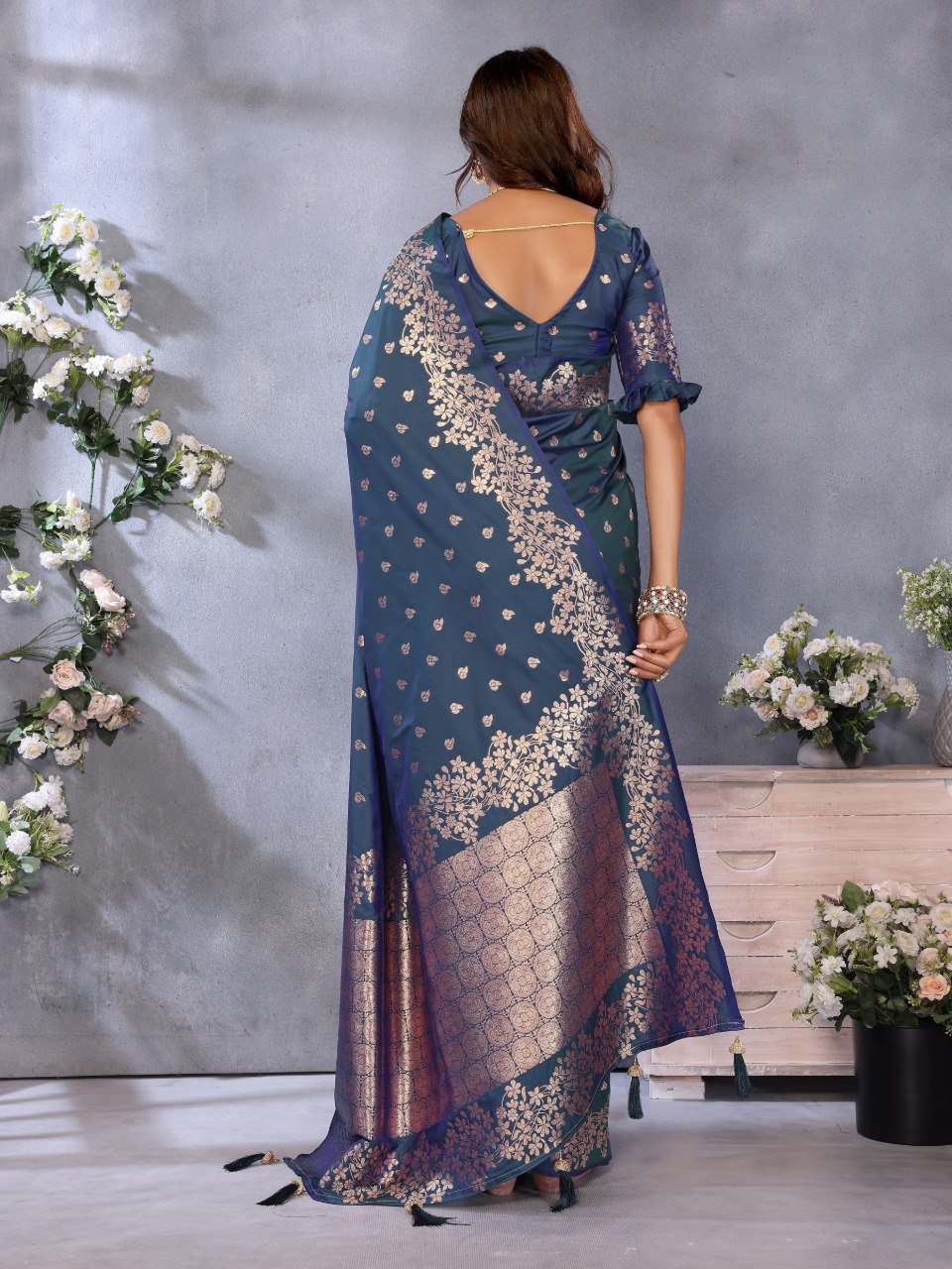 Anaita Dark Navy Blue Premium Banarasi Tissue Silk Saree With Gala Weaving Work | Grocsy