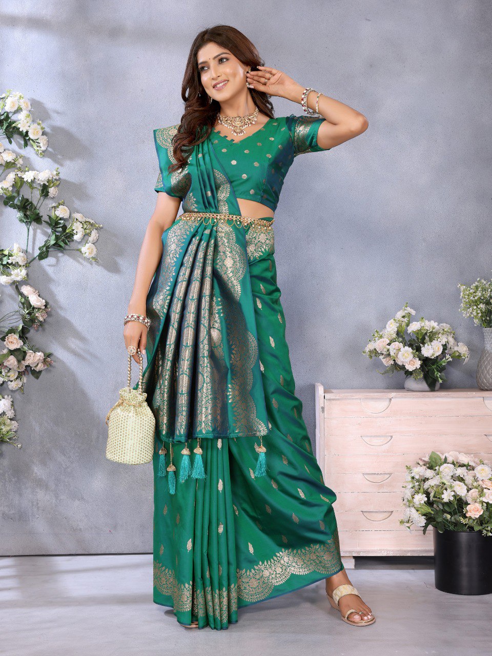 Anaita Green Premium Banarasi Tissue Silk Saree With Gala Weaving Work | Grocsy