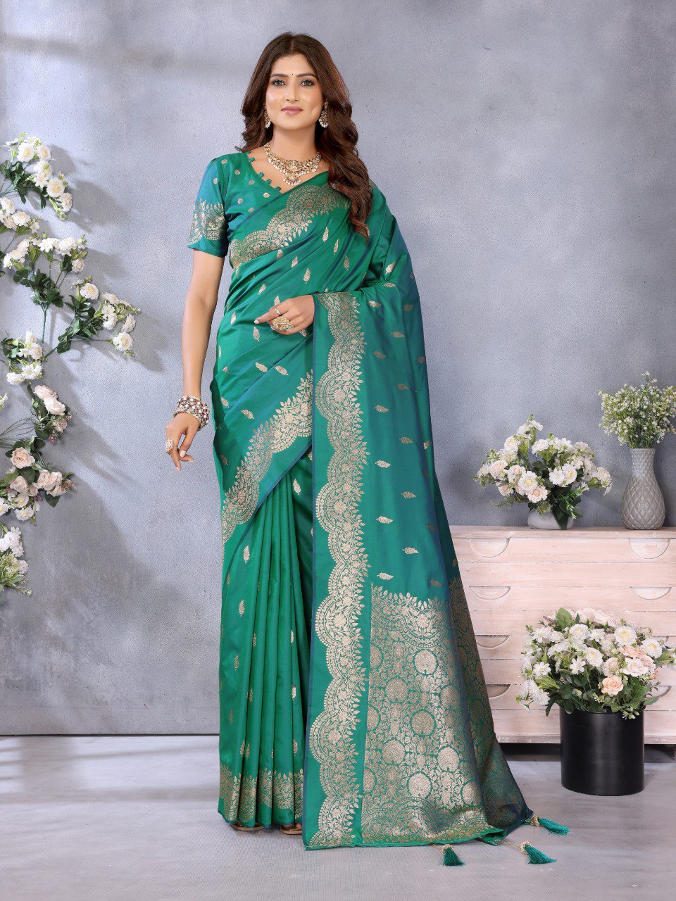 Anaita Green Premium Banarasi Tissue Silk Saree With Gala Weaving Work | Grocsy