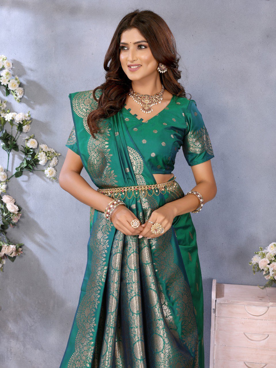 Anaita Green Premium Banarasi Tissue Silk Saree With Gala Weaving Work | Grocsy