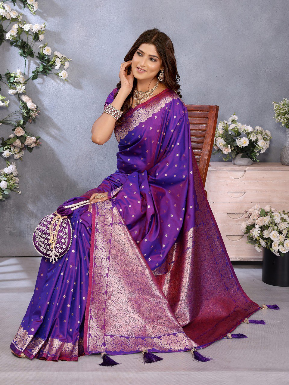Anaita Purple Premium Banarasi Tissue Silk Saree With Gala Weaving Work | Grocsy