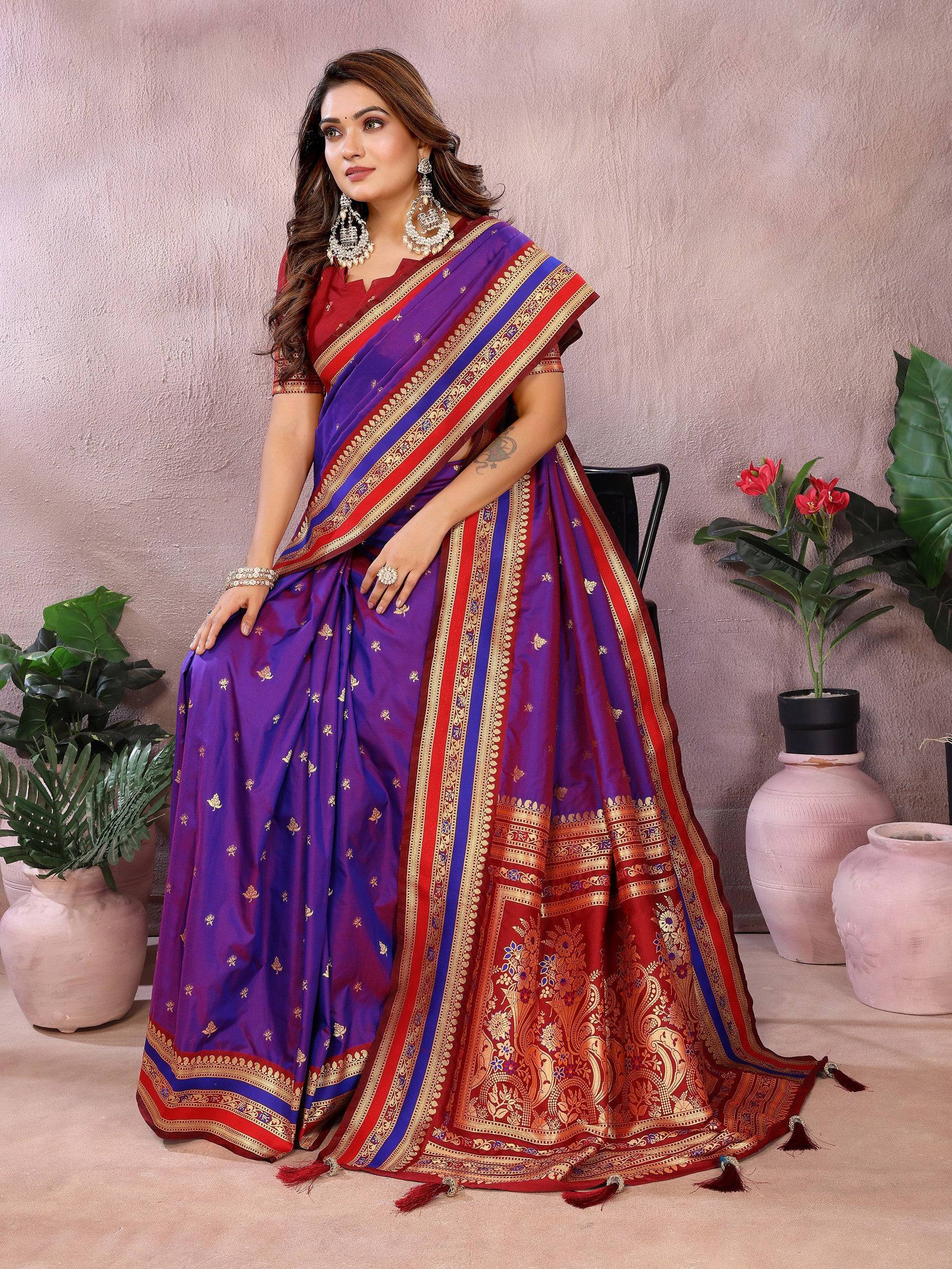 Anaita Violet Handloom Kalamkari Silk Saree With Zari Woven Work | Grocsy
