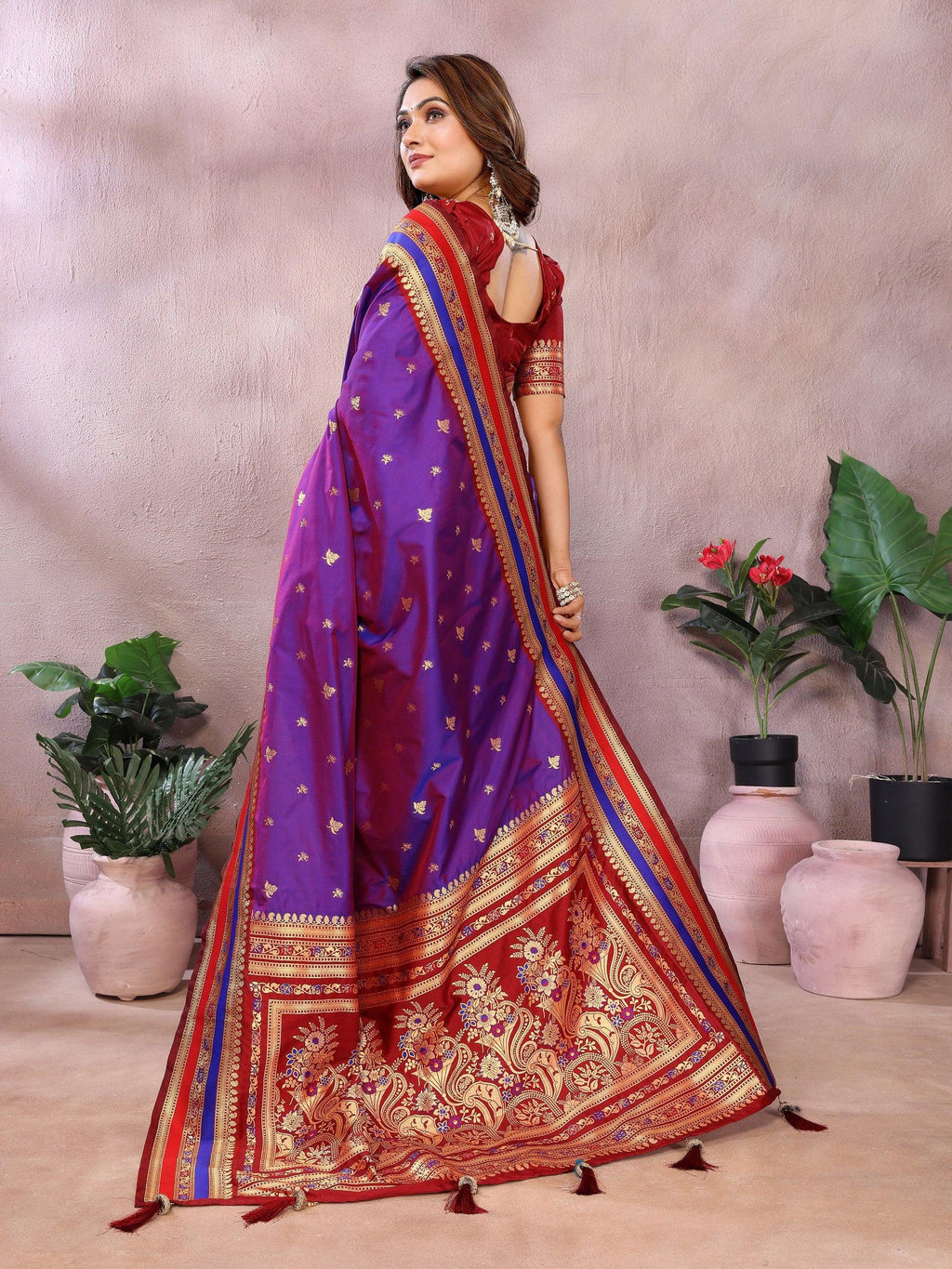 Anaita Violet Handloom Kalamkari Silk Saree With Zari Woven Work | Grocsy