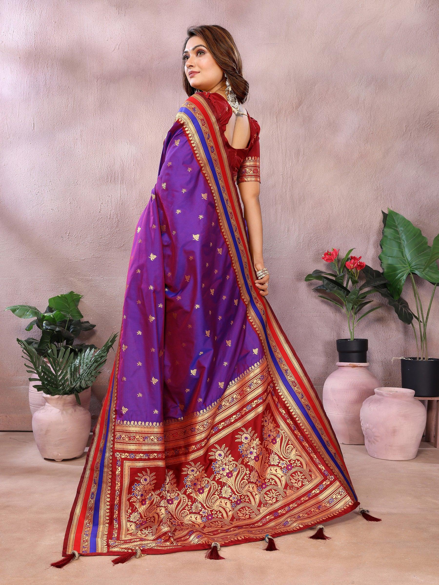 Anaita Violet Handloom Kalamkari Silk Saree With Zari Woven Work | Grocsy