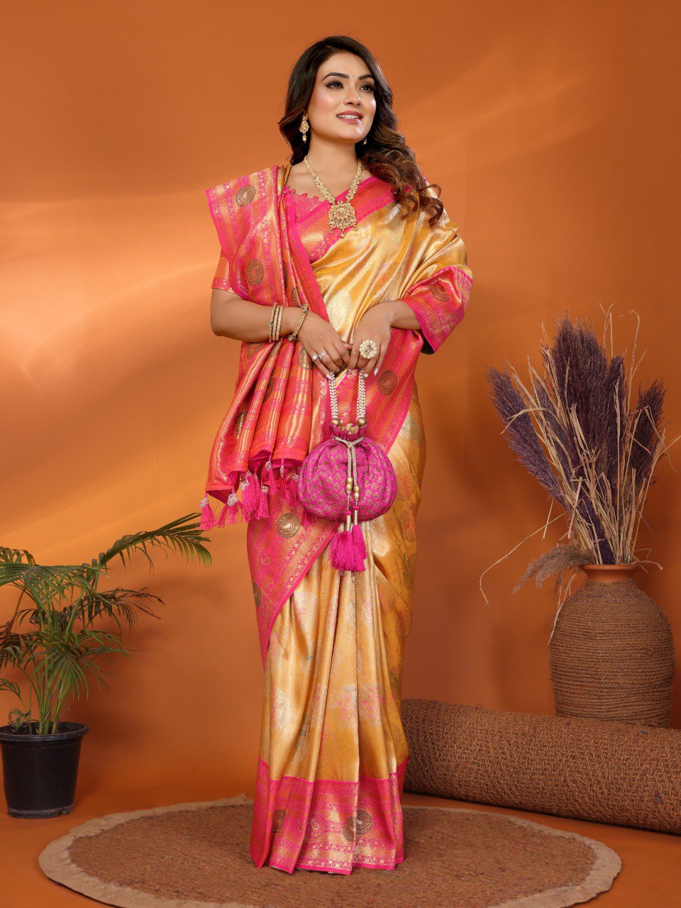 Anaita Yellow Banarasi Tissue Silk Saree With Weaving Work | Grocsy