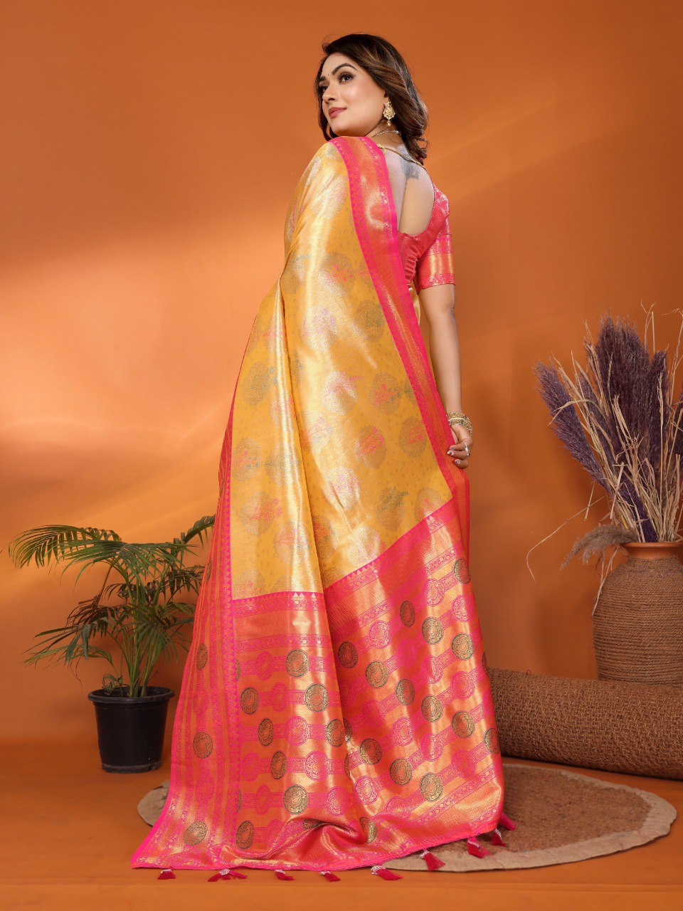 Anaita Yellow Banarasi Tissue Silk Saree With Weaving Work | Grocsy