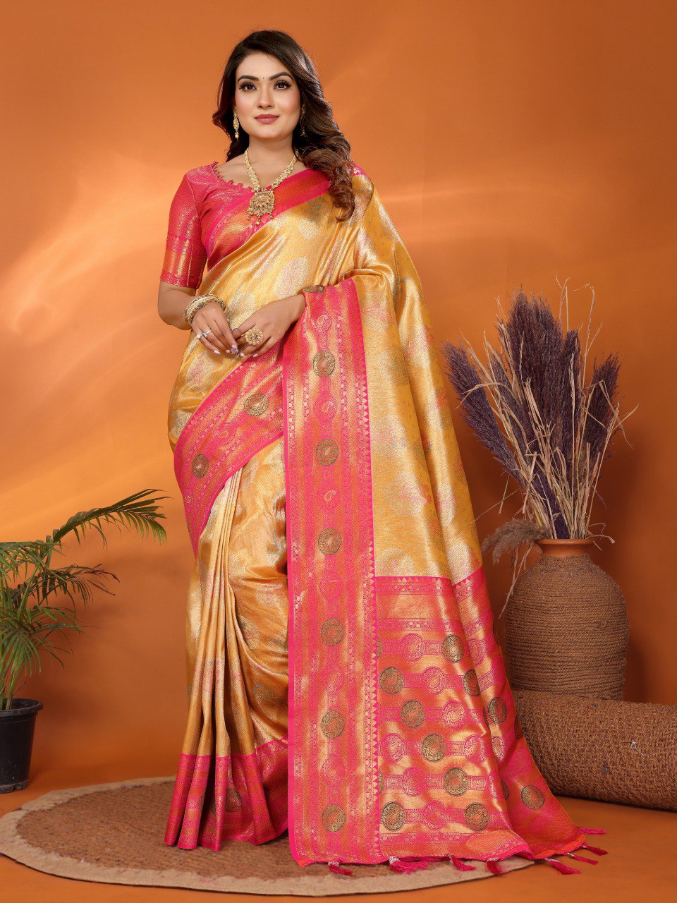 Anaita Yellow Banarasi Tissue Silk Saree With Weaving Work | Grocsy