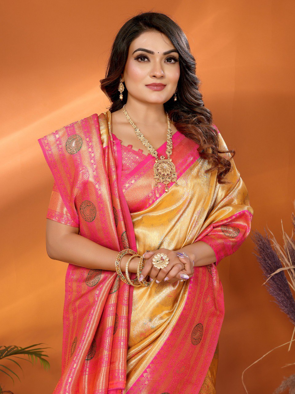 Anaita Yellow Banarasi Tissue Silk Saree With Weaving Work | Grocsy