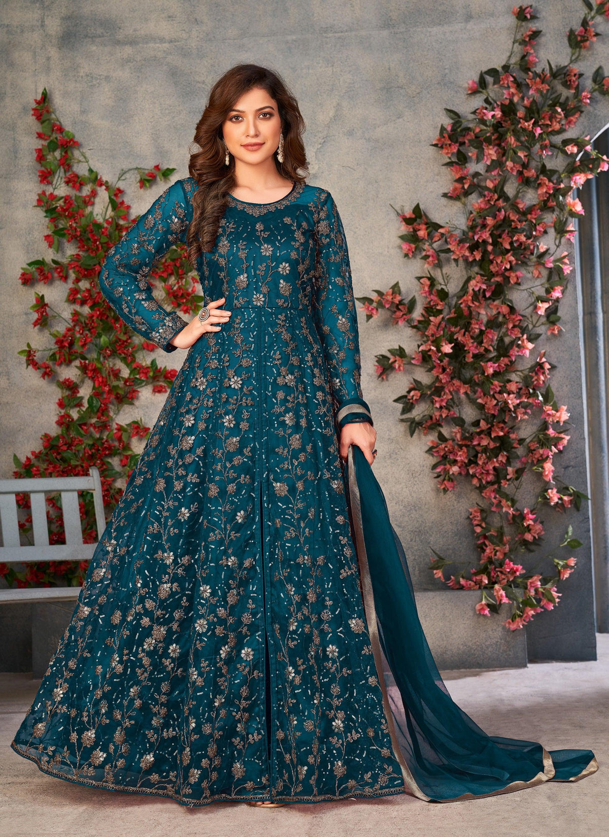 Anaita Teal Embroidered Butterfly Net Anarkali Suit | Grocsy