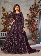 Anaita Wine Embroidered Butterfly Net Anarkali Suit | Grocsy