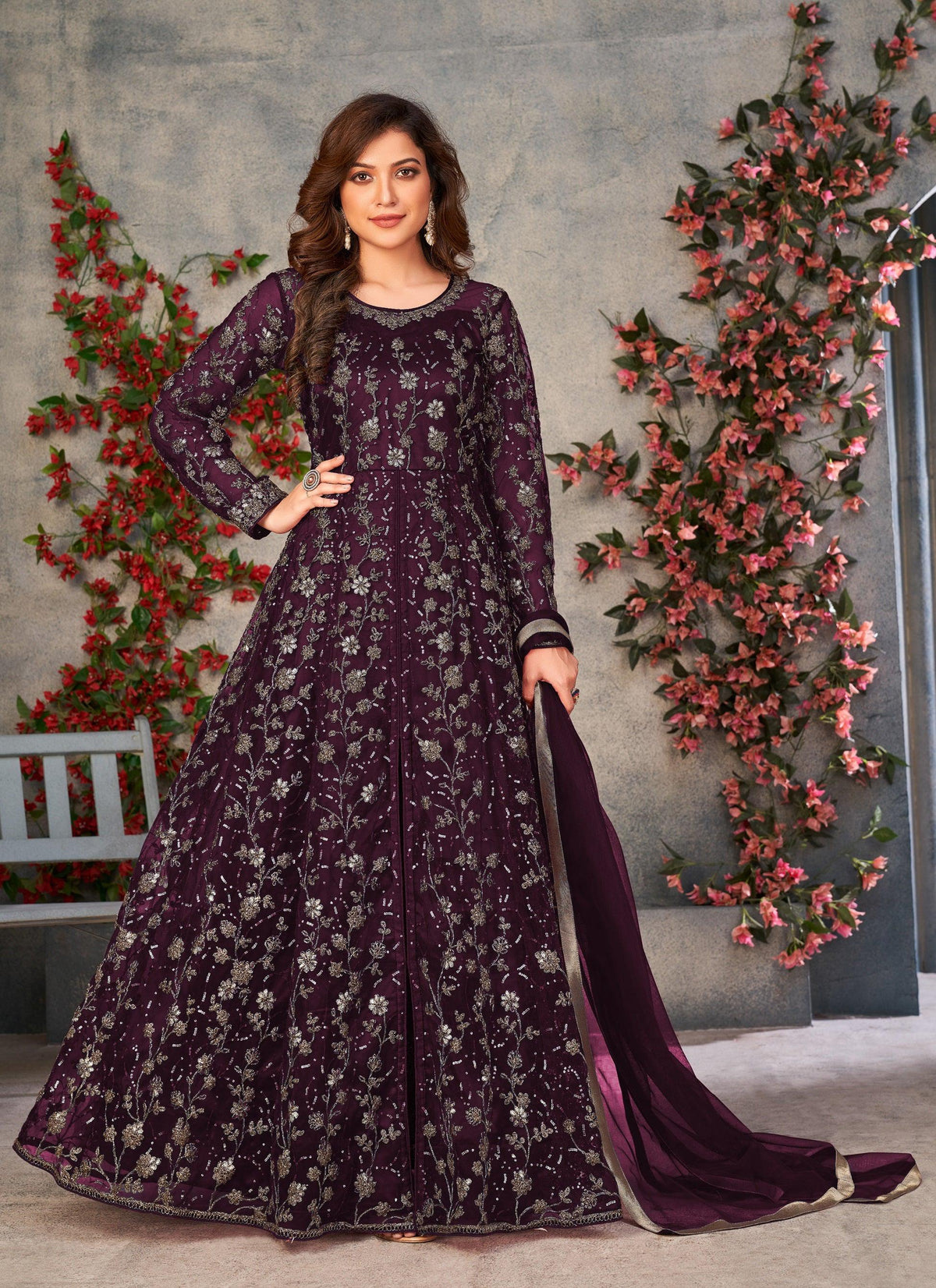 Anaita Wine Embroidered Butterfly Net Anarkali Suit | Grocsy