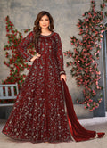 Anaita Maroon Embroidered Butterfly Net Anarkali Suit | Grocsy