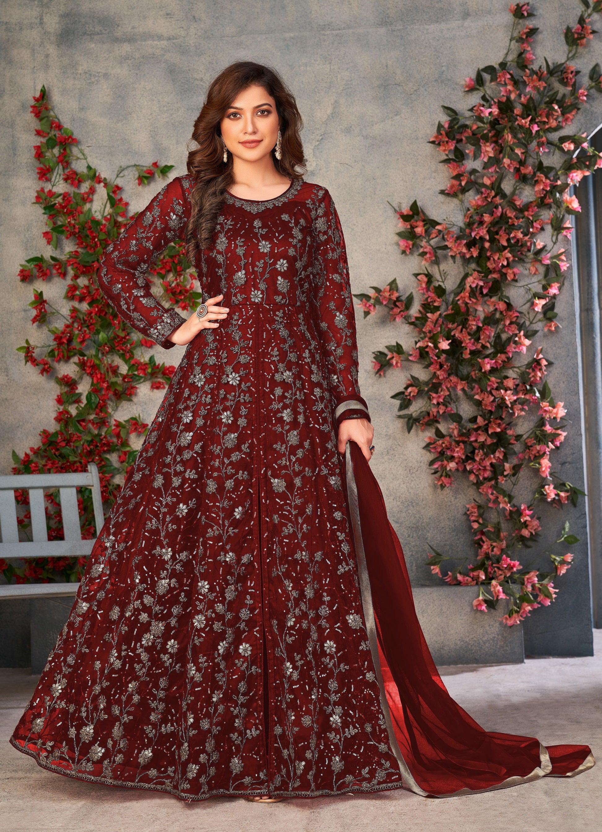 Anaita Maroon Embroidered Butterfly Net Anarkali Suit | Grocsy