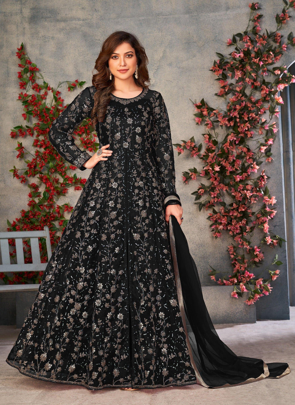 Anaita Black Embroidered Butterfly Net Anarkali Suit | Grocsy
