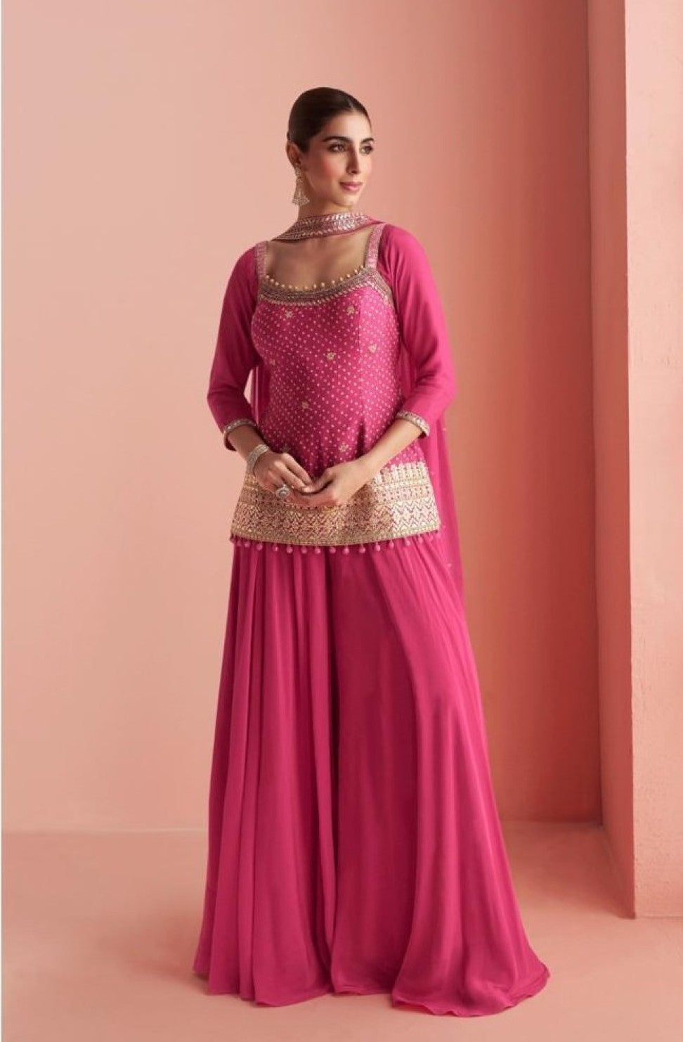 Anaita Pink Chinon Stitched Suit With Embroidery Work | Grocsy